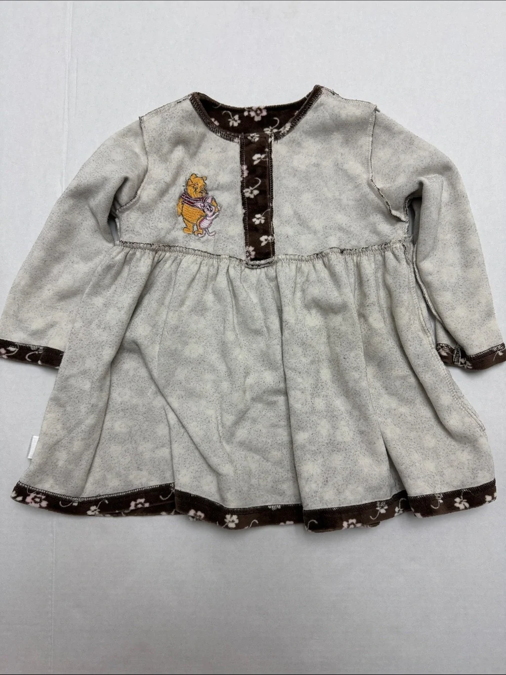 Disney Winnie the Pooh Girls 3T Vintage Brown and Cream Floral Velour Dress